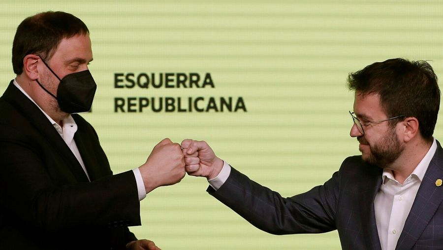 El president d'ERC, Oriol Junqueras, i el candidat, Pere Aragonès celebren els resultats del 14-F
