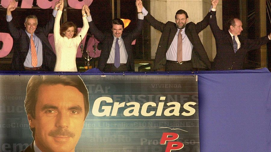 Javier Arenas, Ana Botella y José María Aznar, entre otros, saludan desde el balcón de la sede del PP en la calle Génova en el año 2000, tras conseguir su primera mayoría absoluta