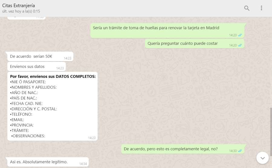 Conversación con una gestoría en línea para solicitar una cita en Extranjería