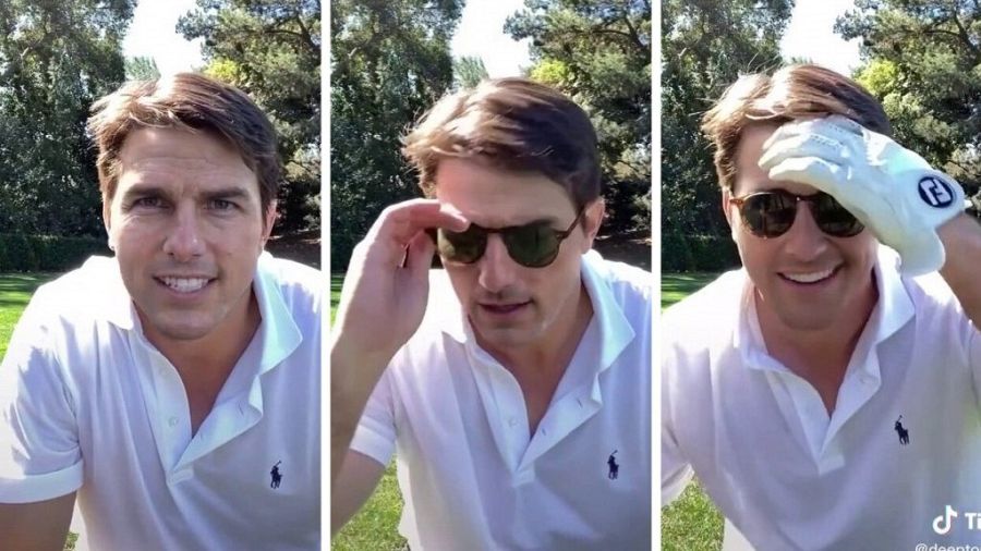 Una imagen de la cara de Tom Cruise con lunar en la mejilla seguida de dos imágenes en las que no aparece el lunar en la mejilla