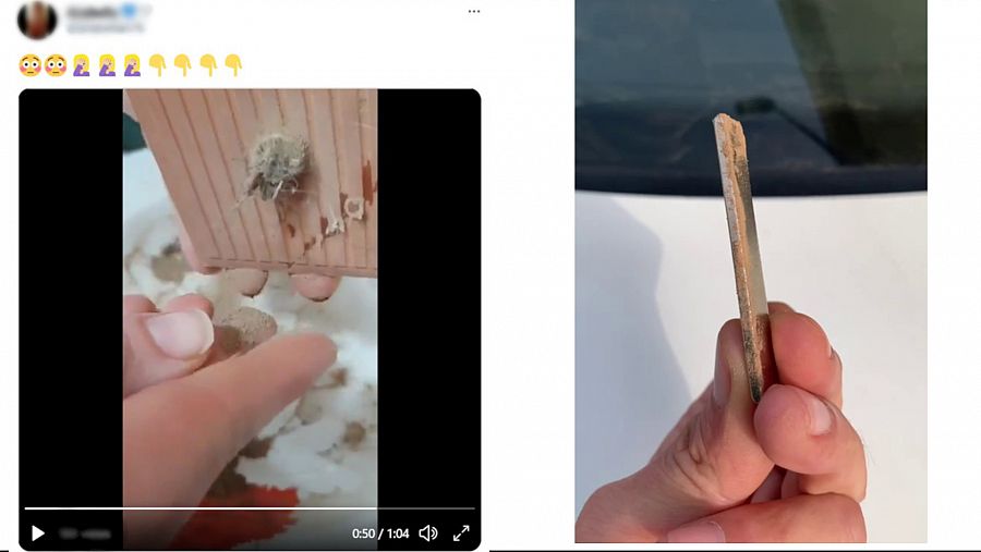 Captura de un vídeo de Twitter y un vídeo de Telegram que muestran el polvo del Sáhara pegado a un imán