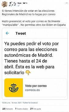 Captura de un tuit que afirma que el voto por correo es fácilmente manipulable