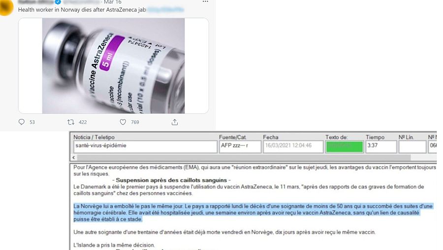 Un tuit que dice que una enfermera ha muerto en Noruega tras ser vacunada y la noticia de AFP con la frase subrayada que descarta que la muerte fuera provocada por el suero