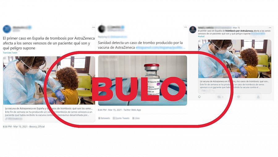 Tres mensajes de Twitter que dicen que la vacuna de AstraZeneca ha provocado trombosis en España con el sello bulo en rojo de VerificaRTVE