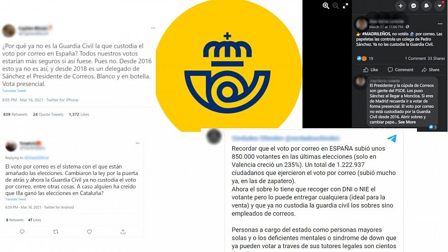 Mensajes de Twitter, Facebook y Telegram que dicen que la Guardia Civil custodiaba el voto por correo