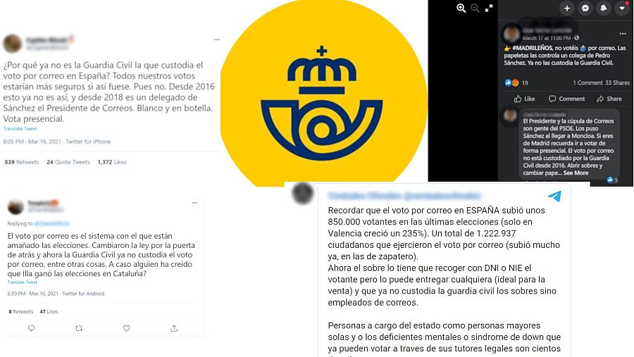 Mensajes de Twitter, Facebook y Telegram que dicen que la Guardia Civil custodiaba el voto por correo