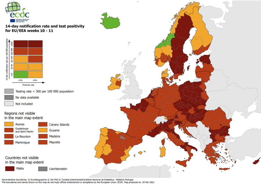 Mapa del ECDC sobre las zonas de riesgo en Europa, actualizado el 25 de marzo