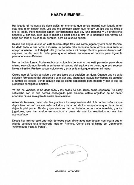 Carta de despedida de Abelardo como entrenador del Alavés