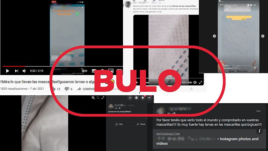 Imagen de mensajes y vídeos de Twitter, Facebook, Instagram y YouTube que dicen que las mascarillas tienen larvas, con el sello bulo en rojo de VerificaRTVE