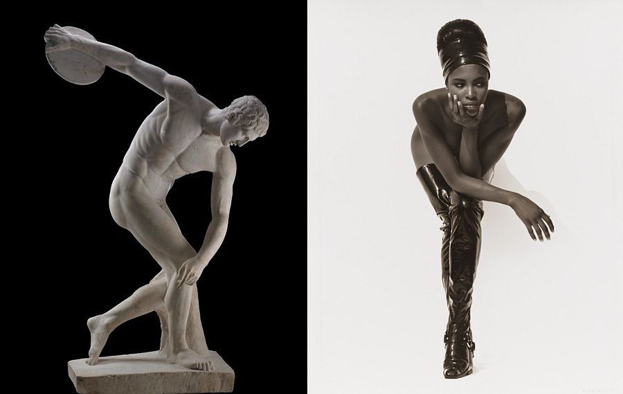 Discóbolo, Mirón de Eléuteras en torno al 450 a.C (Museo Británico) / Hollywood, 1990 fotografiada por Herb Ritts. (Foto: Fundación Herb Ritts / Museo de Bellas Artes, Boston)
