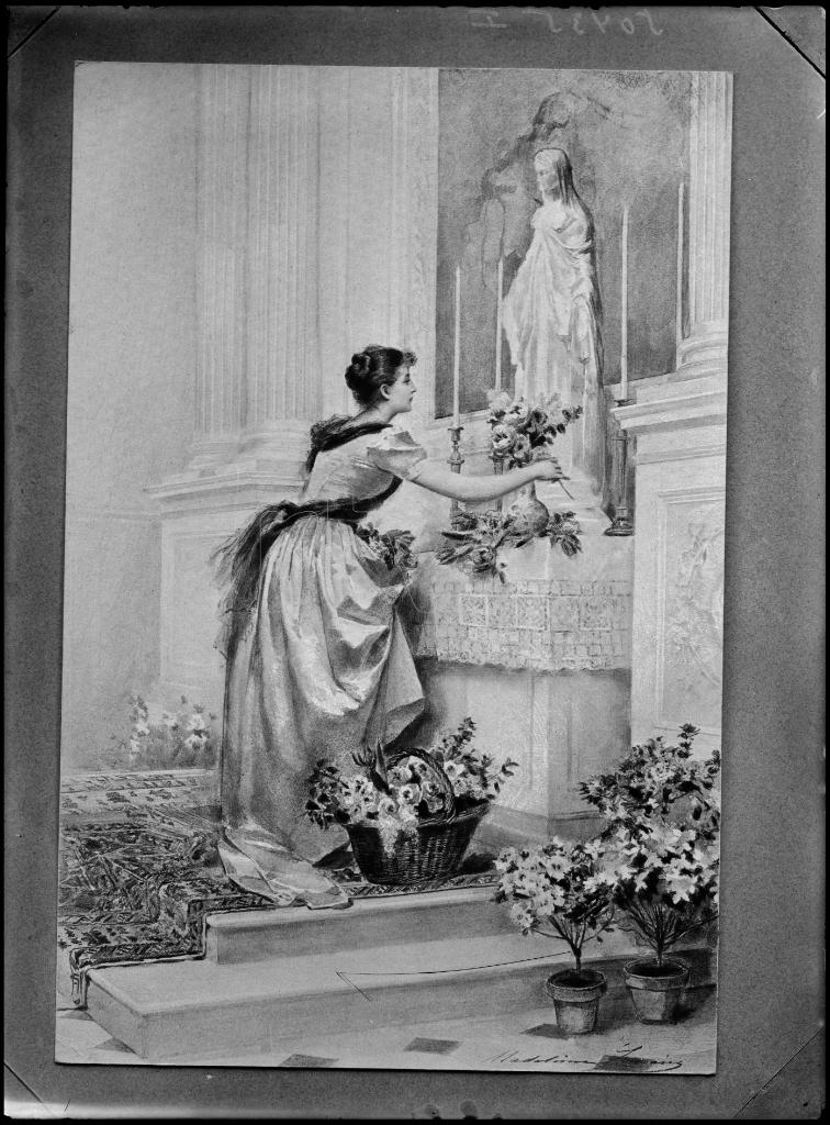 REPRODUCCION DE UN DIBUJO CON UNA MUJER OFRENDANDO FLORES A 