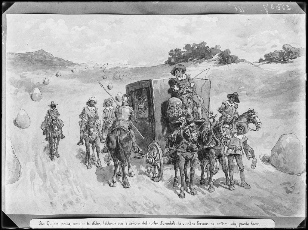 REPRODUCCION DE UN DIBUJO DE DON QUIJOTE JUNTO A UN CARRUAJE