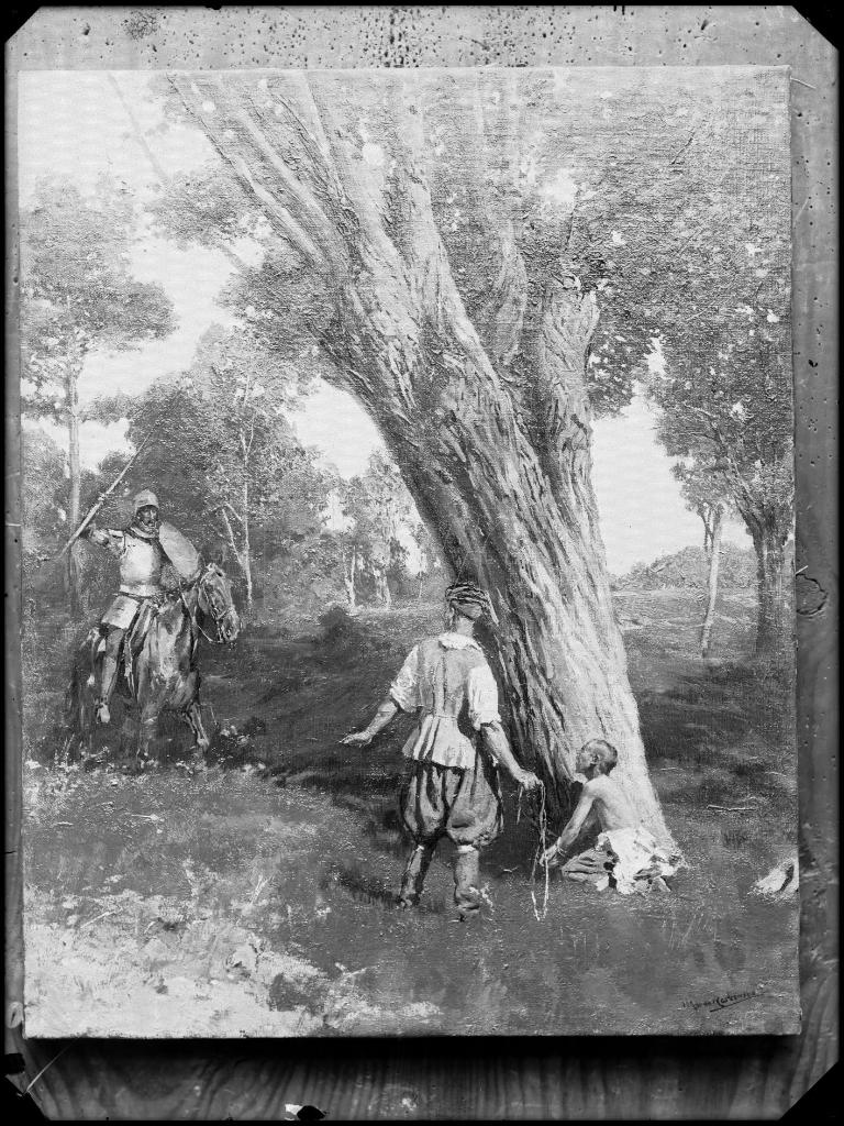 REPRODUCCION DE UN CUADRO DE DON QUIJOTE EN UN BOSQUE FIRMAD