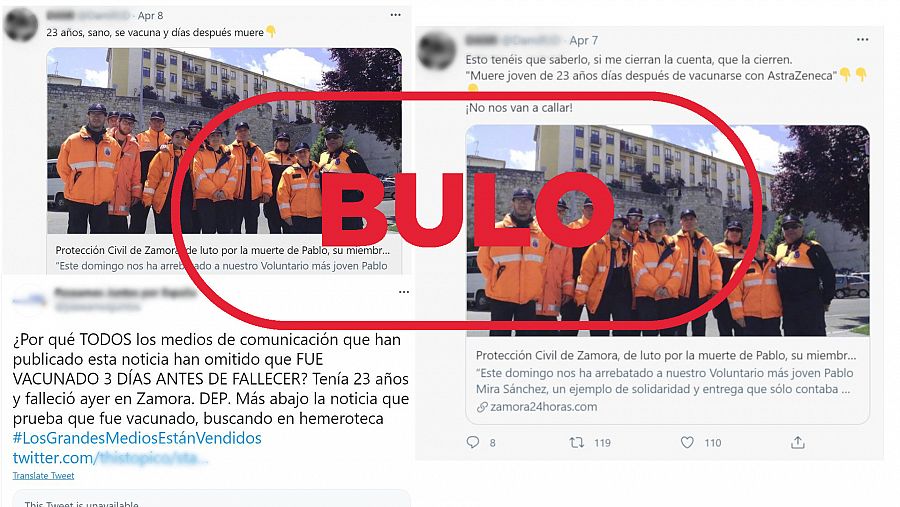 Imágenes de mensajes de Twitter que dicen que un voluntario de Protección Civil de Zamora murió tras recibir la vacuna de AstraZeneca con el sello bulo en rojo de VerificaRTVE