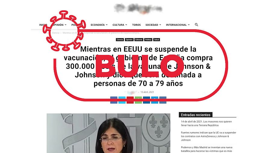 Imagen de la web que difunde que España ha comprado la vacuna de Janssen cuando ya estaba suspendida en EE.UU. con el sello bulo en rojo de VerificaRTVE