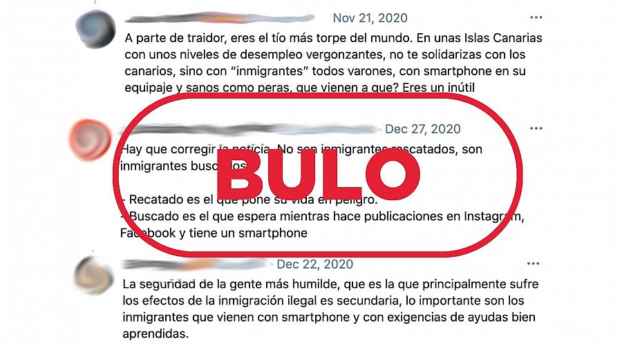 Bulos en Twitter sobre los inmigrantes con smartphone con sello de bulo.