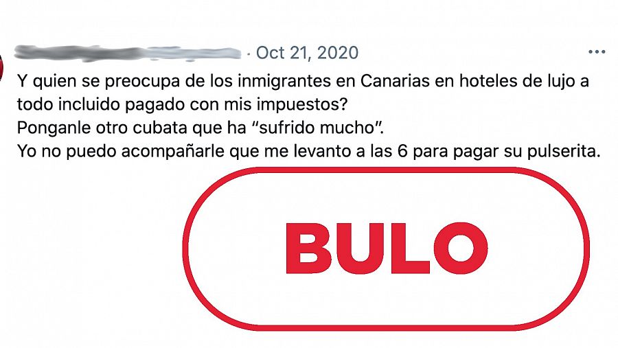 Tuit que incide en la falsedad de que los inmigrantes son acogidos en hoteles de lujo con ¿pulserita¿ de todo incluido.