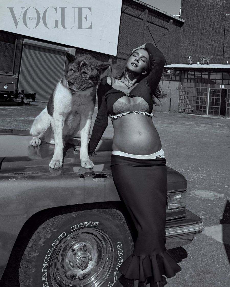 Valentina Ferrer, embarazada, se apoya en un coche junto a un perro 