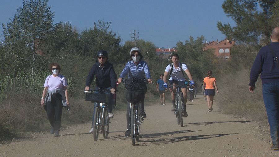 Persones a peu i en bici en un sender de Collerola