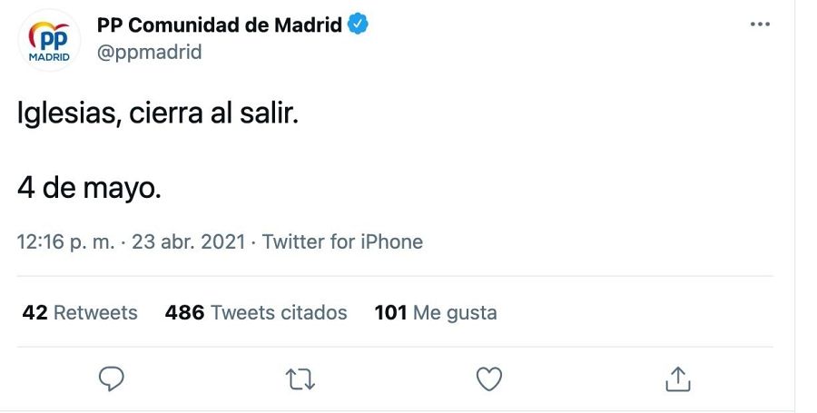 Tuit del PP tras la marcha de Iglesias del debate y borrado minutos después