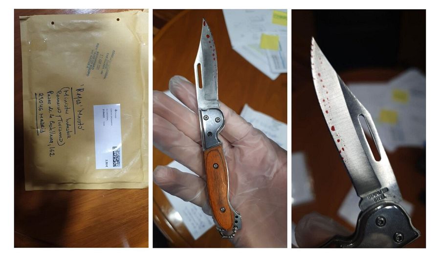 la carta con una navaja ensangrentada que ha recibido este lunes la ministra de Industria, Comercio y Turismo, Reyes Maroto