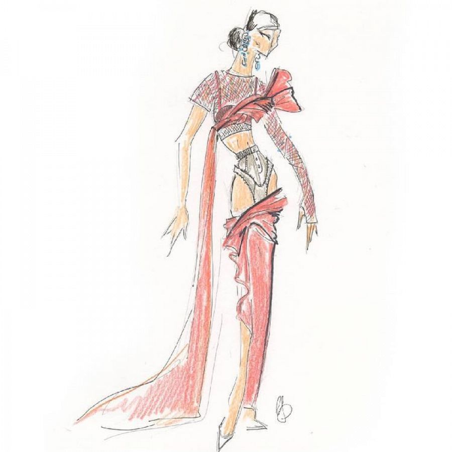 Boceto de Guillermo Décimo de su diseño para el vestido coral