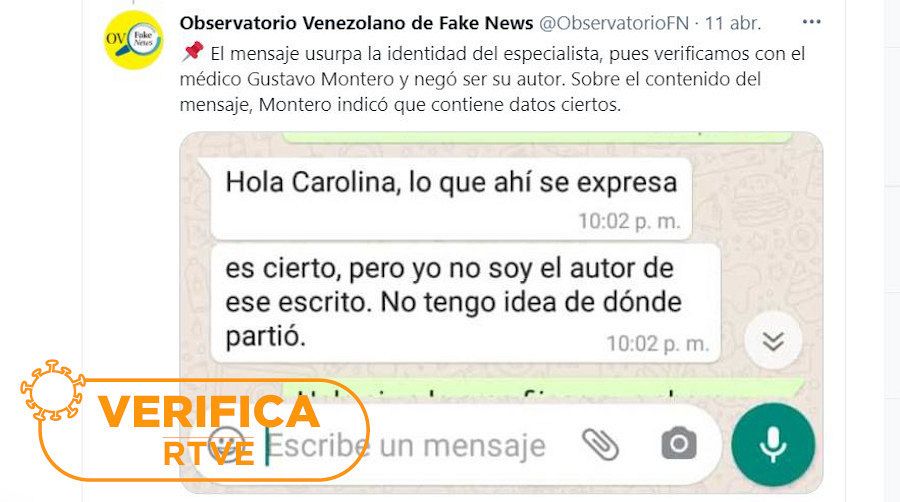 El doctor Gustavo Montero ha desmentido su autoria al Observatorio Venezolano de Fake News.