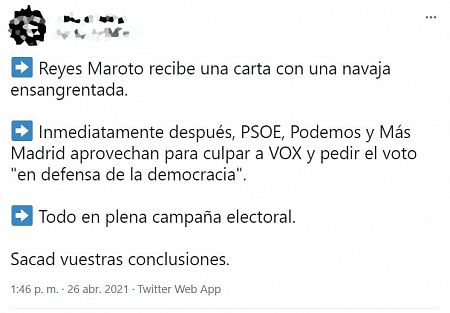 Tras el envío de cartas con balas, a la ministra de Industria le llegó una misiva con una navaja, intensificándose las acusaciones de montaje sin pruebas.