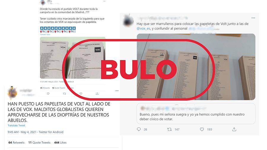 Imagen de tuits que reproducen el bulo sobre el orden de las papeletas el 4M con el sello bulo en rojo de VerificaRTVE