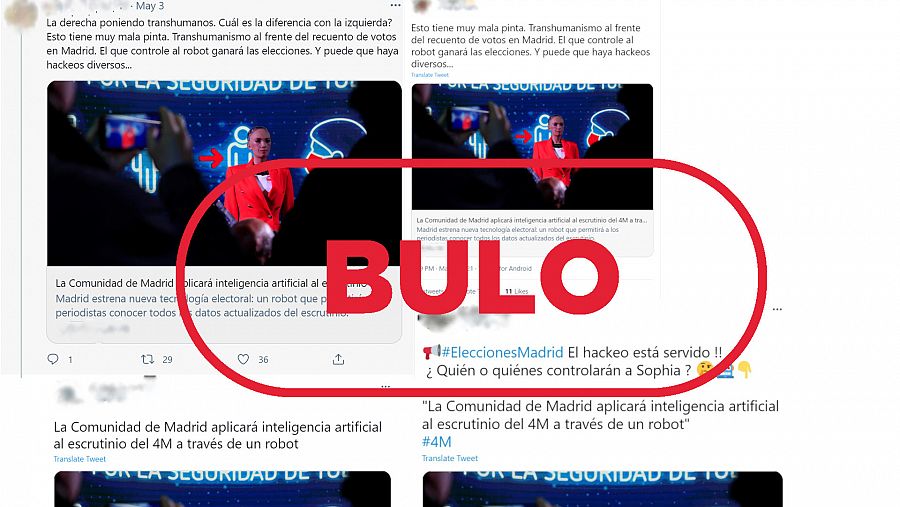 Imagen de tuits que afirman que la robot Sophia participa en el escrutinio de las elecciones de Madrid con el sello bulo en rojo de VerificaRTVE