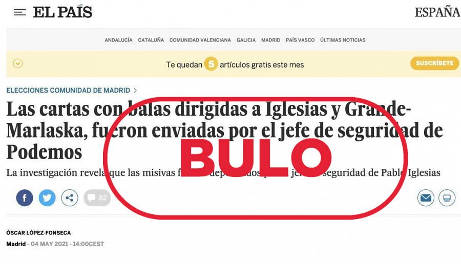 Imagen con el montaje periodístico atribuido falsamente a El País con el sello de bulo.