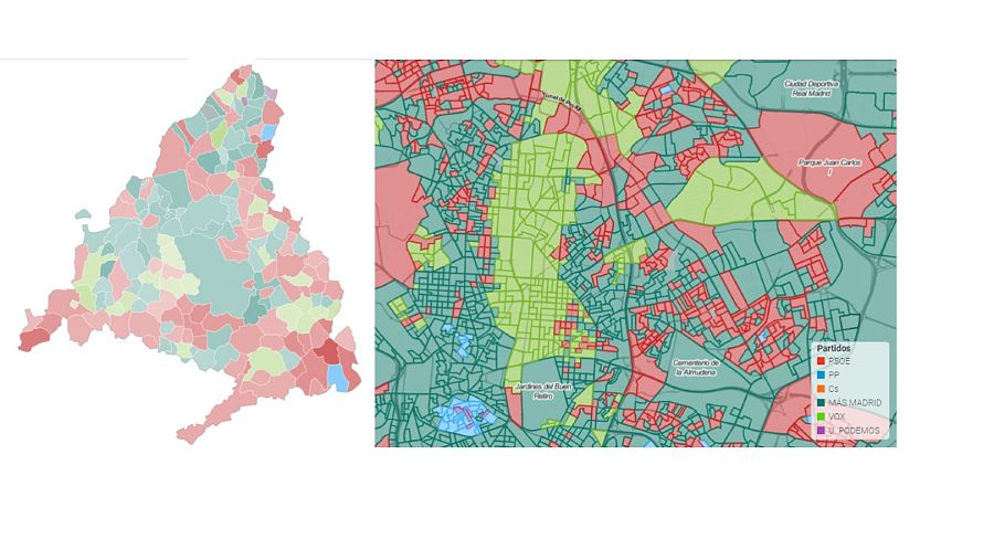 Municipios donde Vox fue el segundo partido más votado el 4M, y detalle de las secciones censales de Madrid donde obtuvo ese resultado