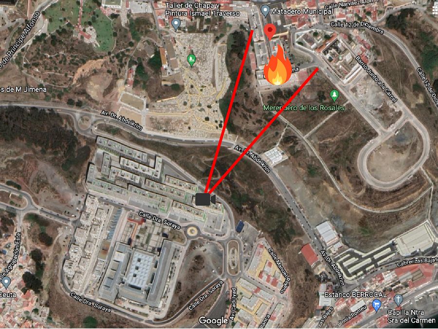 Localización desde donde se grabó el vídeo del incendio en Ceuta