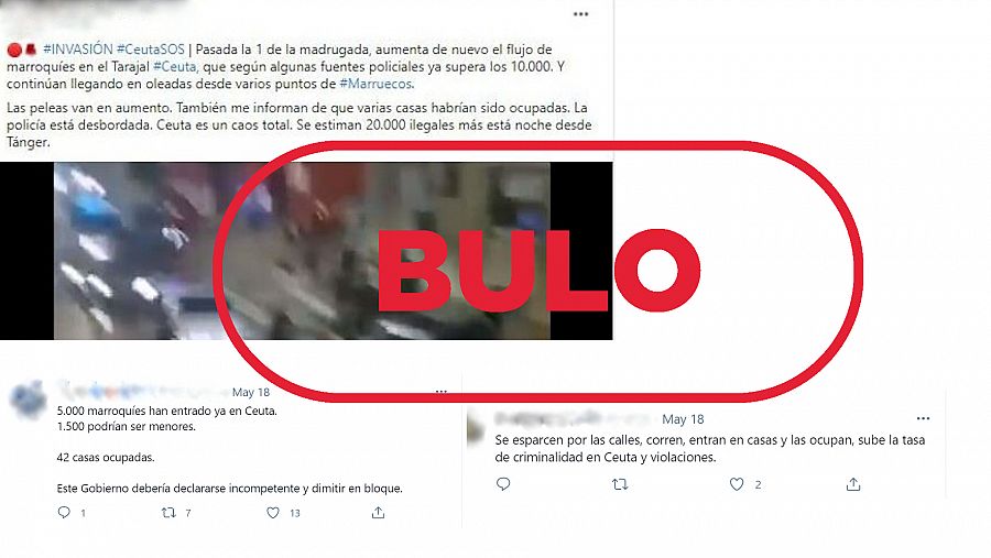 Imágenes de bulos sobre ocupaciones y violaciones en Ceuta difundidos en redes sociales, con el sello bulo de VerificaRTVE