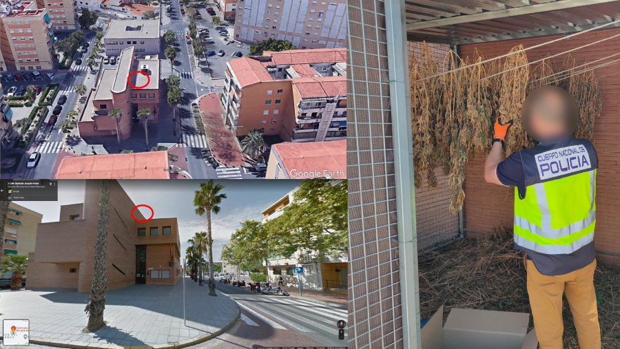 Combo con tres imágenes. Las dos de la izquierda son capturas de GoogleMaps y GoogleEarth en las que no se aprecia el almacén en la azotea de la comisaría. La de la derecha es una foto del almacén actual en la azotea.