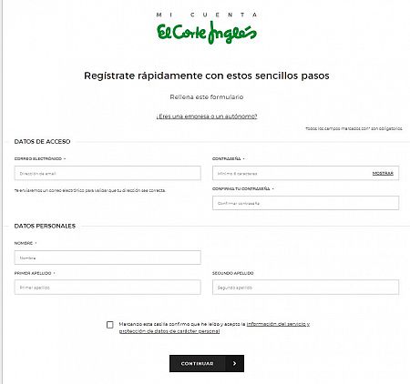 Web de registro de El Corte Inglés.