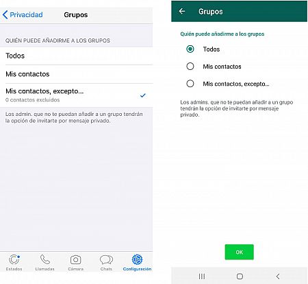Ajustes de privacidad para grupos de WhastsApp en Iphone y Android