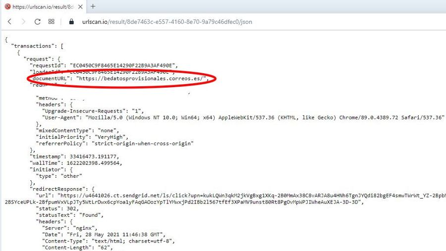 Imagen del análisis realizado con la herramienta urlscan.io para enlaces sospechoso.