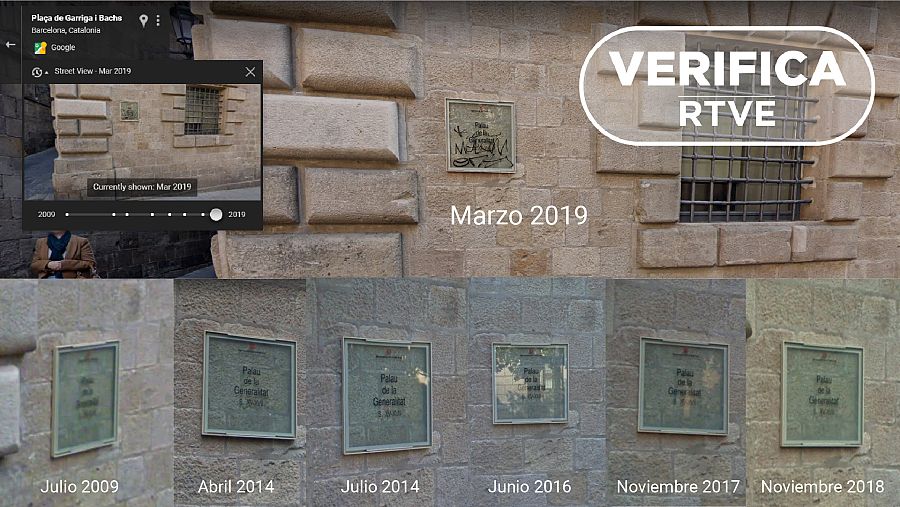 Colaje con las distintas imágenes en Street View de la placa del Palau de la Generalitat