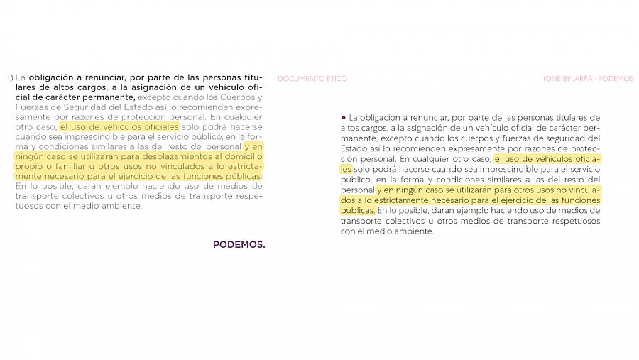 El texto actual del Código Ético de Unidas Podemos junto a la propuesta de Belarra