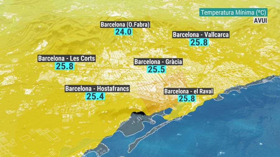 Mapa de temperatures mínimes a Barcelona d'aquest d'aquest dilluns 14 de juny