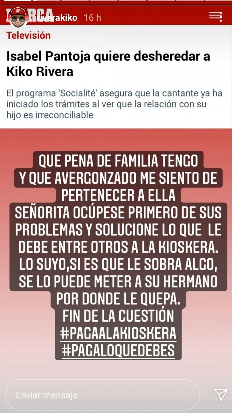 Captura de una historia del Instagram de Kiko Rivera