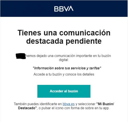 Captura de pantalla de una notificación de cambio BBVA en 'servicios y tarifas' a través del correo electrónico