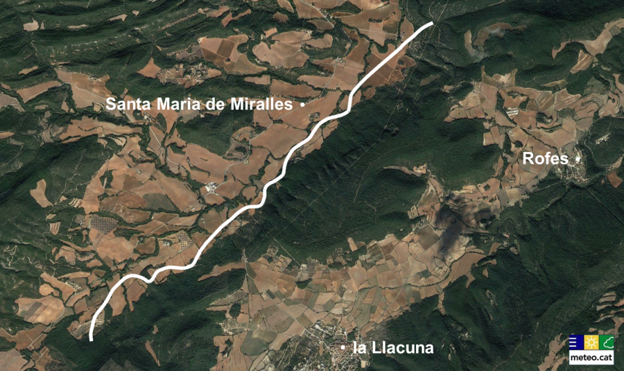 Recorregut del tornado entre els municipis de la Llacuna i Santa Maria de Miralles (línia blanca) | Font: Meteocat