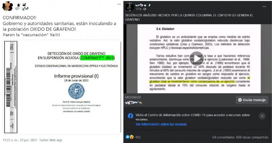 Publicaciones en Twitter (izquierda) y Facebook (derecha) afirmando la existencia del grafeno en las vacunas a partir del informe provisional