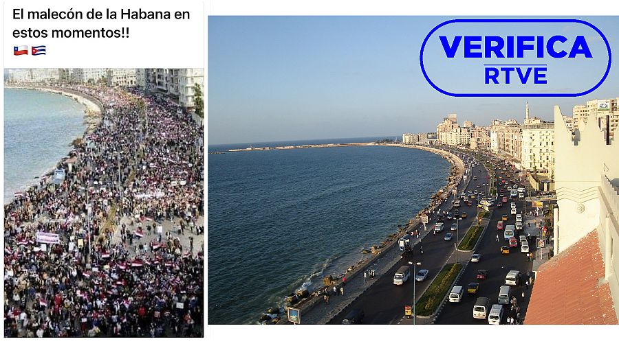 Imagen que muestra la foto del tuit y una instantánea de la Avenida 26 de julio de Alejandría con el sello azul de VerificaRTVE