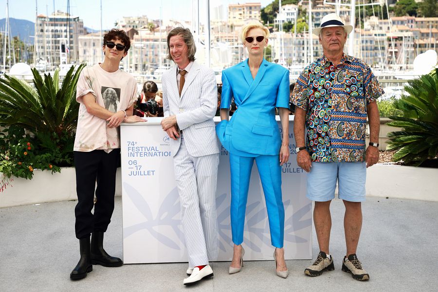 Timothée Chalamet, Wes Anderson, Tilda Swinton y Bill Murray en el photocall de 'The French Dispatch' en el Festival de Cannes