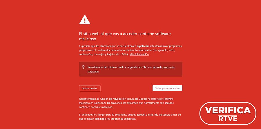 Aviso de peligro con letras blancas y fondo rojo de Google Chrome sobre la web solicitada.