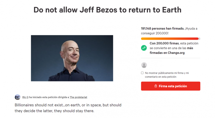 Captura del Change.org donde piden que Bezos no vuelva a la Tierra
