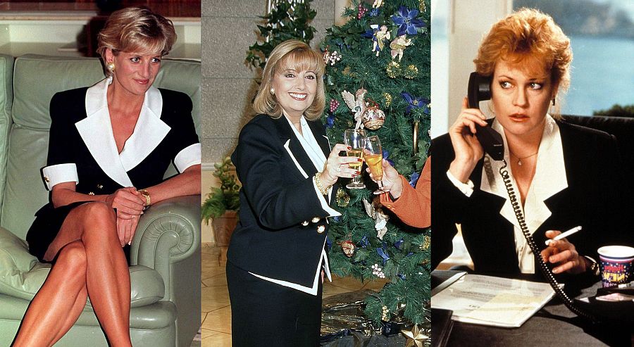Lady Di puso de moda el traje bicolor. En el centro, María Teresa Campos. A la derecha, Melanie Griffith en la película 'Working Girl' ('Armas de mujer').